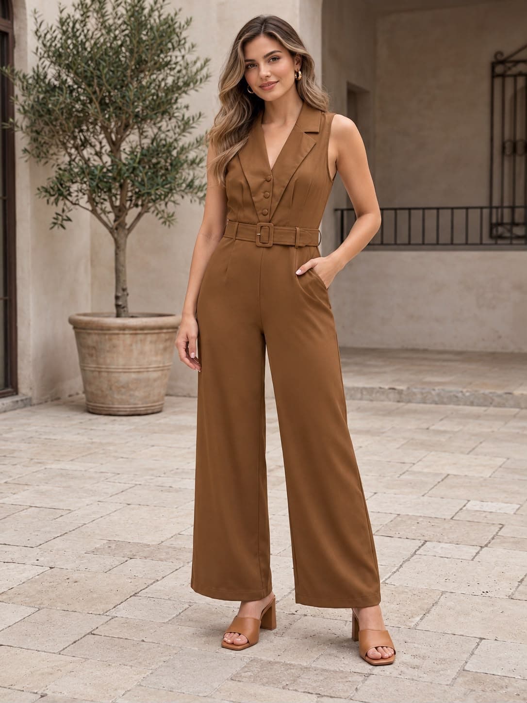 Jumpsuit sastre sin mangas con cinturón